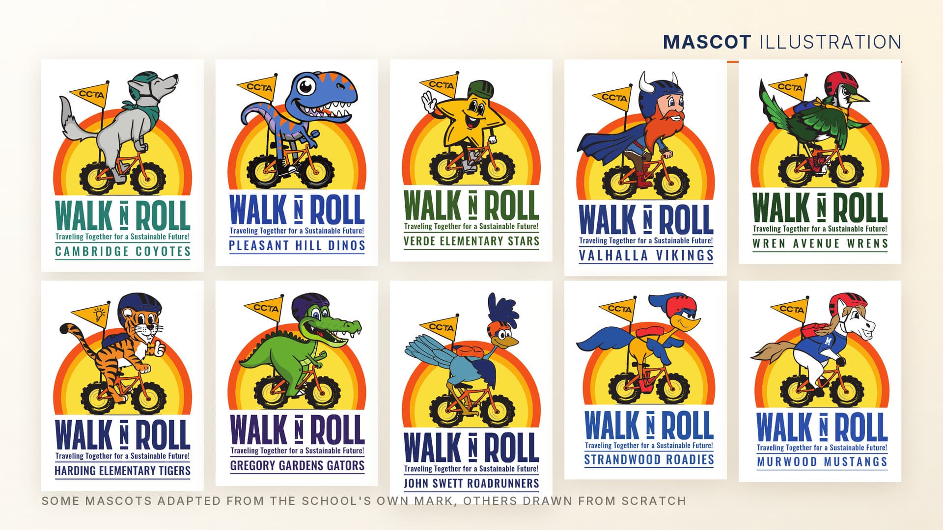 Walk N Roll school mascot illustrations