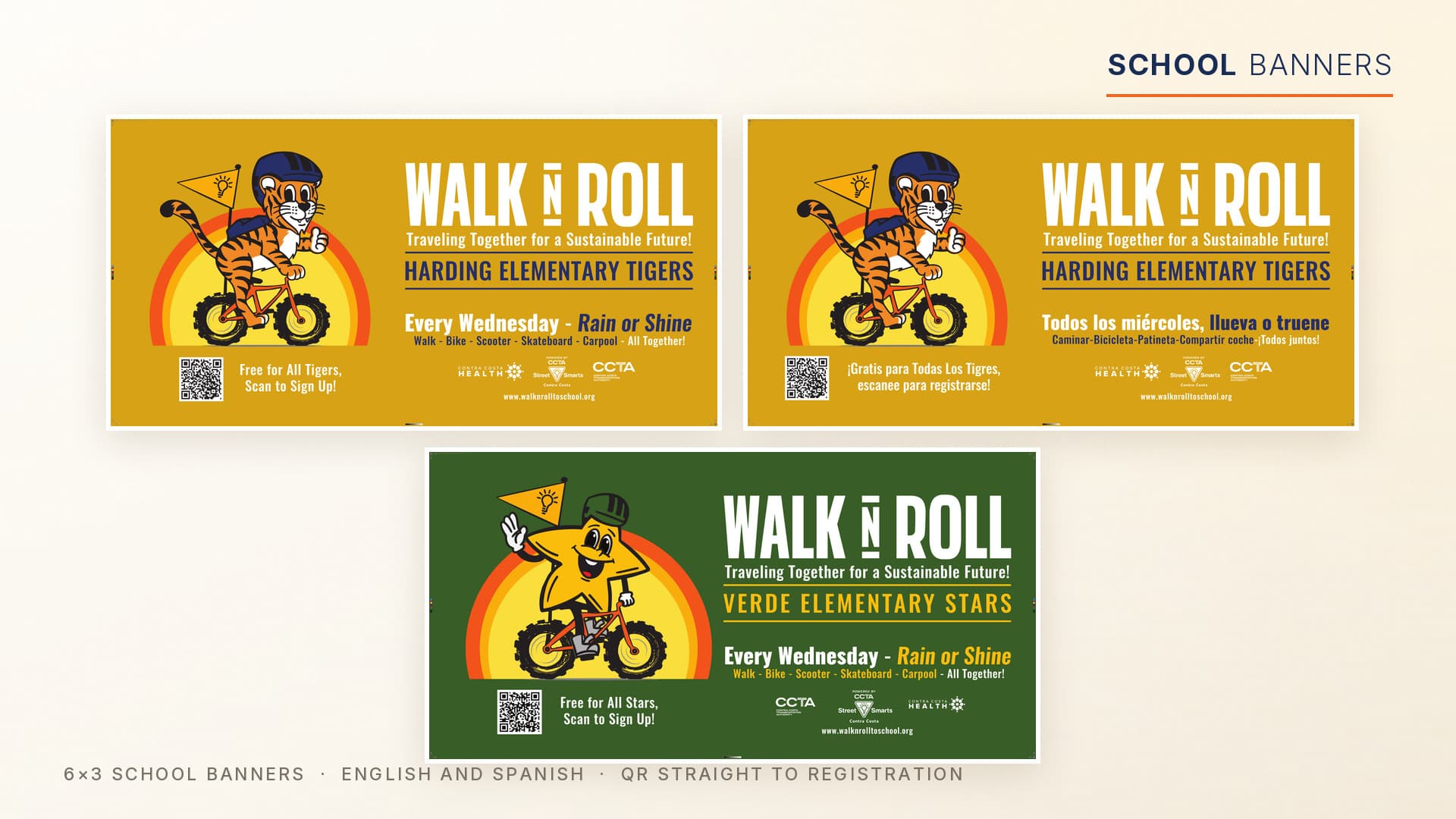 Walk N Roll 6x3 school banners in English and Spanish