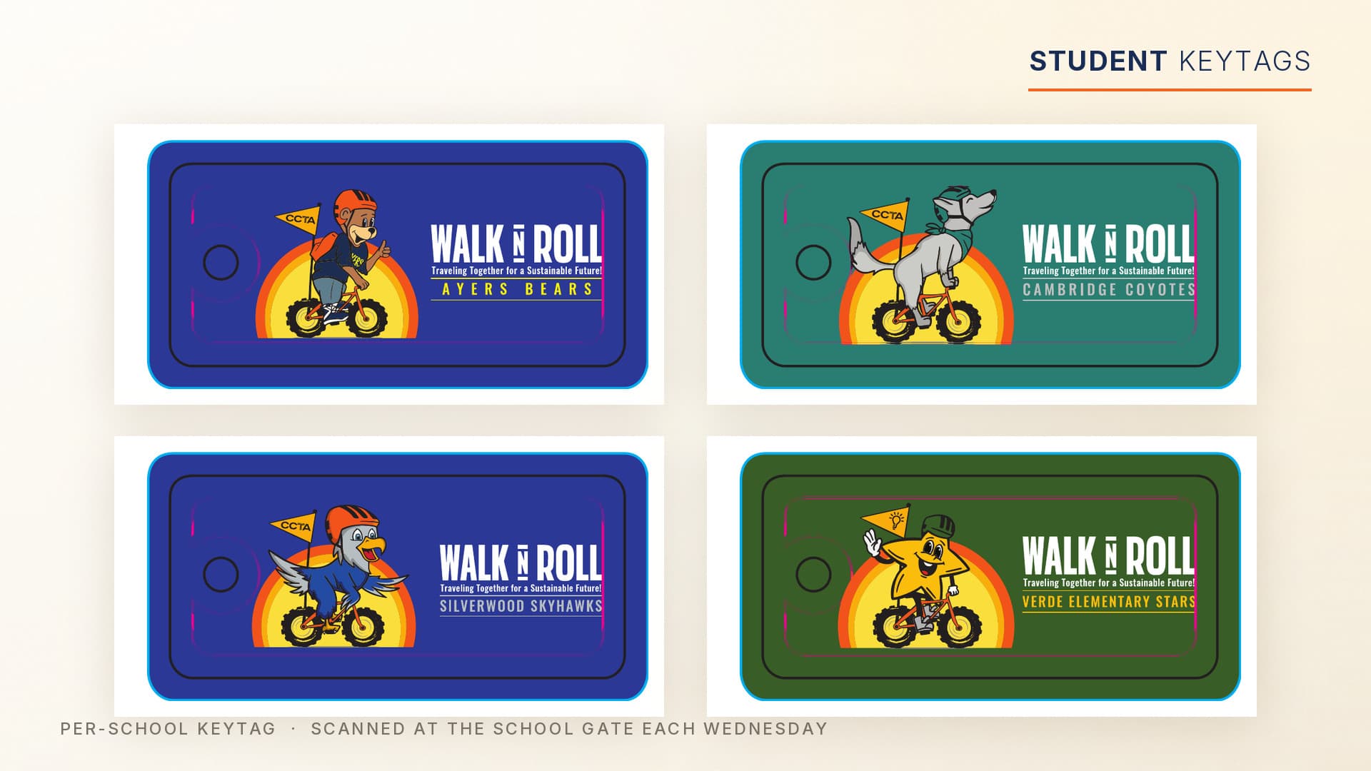 Walk N Roll per-school student keytags